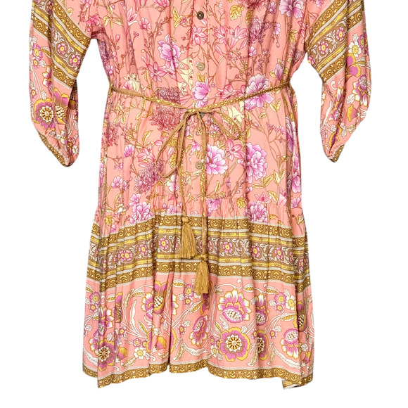 UMGEE Floral Short Dress Rose Gold Tassel Belt 3/4 Puff Sleeve Boho Flowy Large - Picture 8 of 11